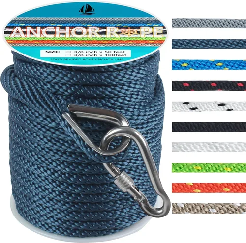 Miniatura 46 de Cuerda de anclaje de 3/8 de pulgada y 100 pies, cuerda de anclaje para barco, trenza sólida MFP, línea de anclaje con dedal de acero inoxidable 316
