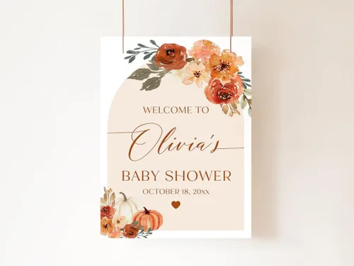 Miniatura 8 de Cartel de bienvenida de baby shower, cartel de bienvenida editable con texto en inglés "It's a Girl Woodland", letrero de bienvenida de baby shower