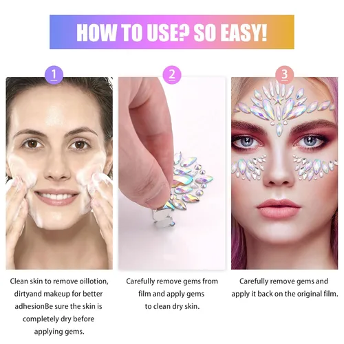 Miniatura 6 de SAOROPEB Gemas faciales – 6 juegos de joyas de cara de sirena, calcomanías temporales de tatuaje, calcomanías de acrílico con purpurina de cristal