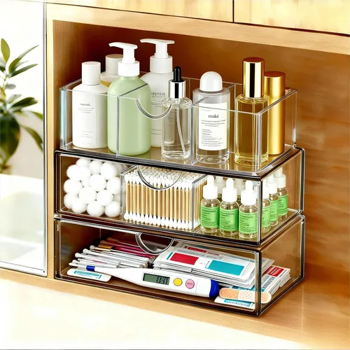 Miniatura 6 de Organizador y almacenamiento de botiquín de 2 niveles, organizador apilable de medicamentos para baño con divisores extraíbles, almacenamiento