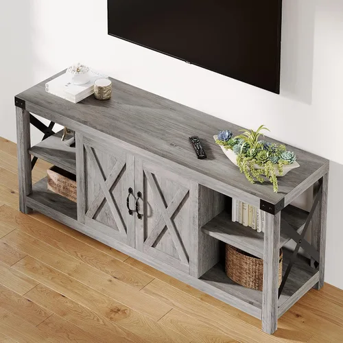Miniatura 5 de IDEALHOUSE Soporte de TV de 59 pulgadas para TV de hasta 65 pulgadas, gabinete de TV de madera de granja con almacenamiento y estantes ajustables