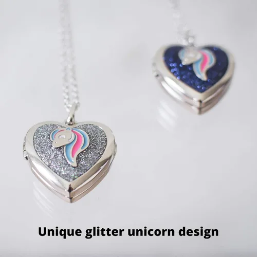Miniatura 3 de Collar con medallón de corazón para niña pequeña colgante de animal con purpurina brillante almacenamiento interior secreto cadena de tono plateado