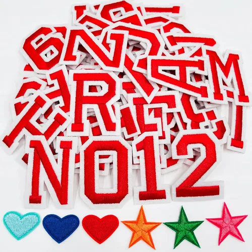 Jongdari Parches para planchar con letras y números para ropa, parches de alfabeto bordado de 2" para chaqueta Letterman A-Z y apliques 0-9 para Rojo