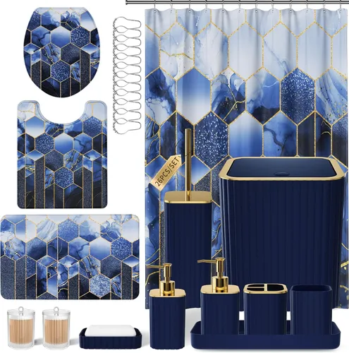 Miniatura 22 de XLHOMO Juego de baño – Juego de baño de 26 piezas con cortina de ducha y alfombras, juego de accesorios de baño, juego de accesorios de baño negro