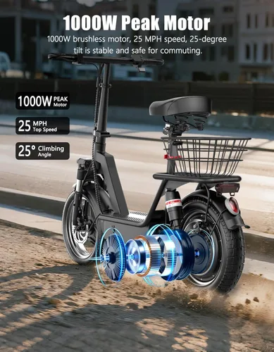 Miniatura 3 de Electric Scooter for Adults, 1000W Peak Motor, 35 Miles of Range Scooter with Seat, 25 MPH Top Speed, 48V 13Ah Battery, Dual Suspension, Foldable