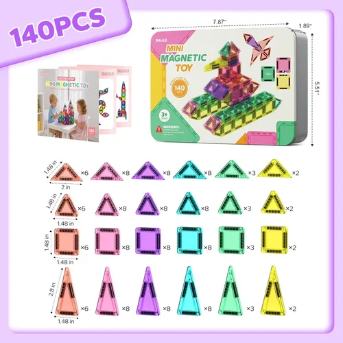 Miniatura 2 de BAIJLE 140 piezas Mini Azulejos Magnéticos, Juego de Juguetes Magnéticos Portátiles de Viaje con Estuche de Hierro para Niños de 4 a 8 años, Juego