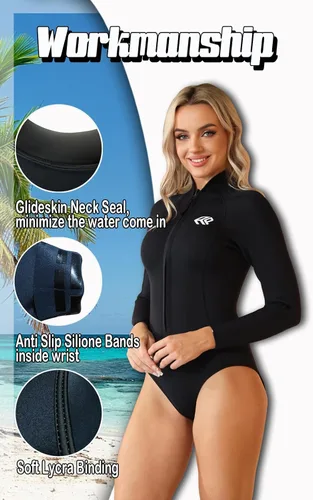Miniatura 3 de Traje de neopreno de 0.118 in (3 mm) para mujer, traje corto para mujer para aguas frías con mangas largas, traje de buceo con cremallera frontal