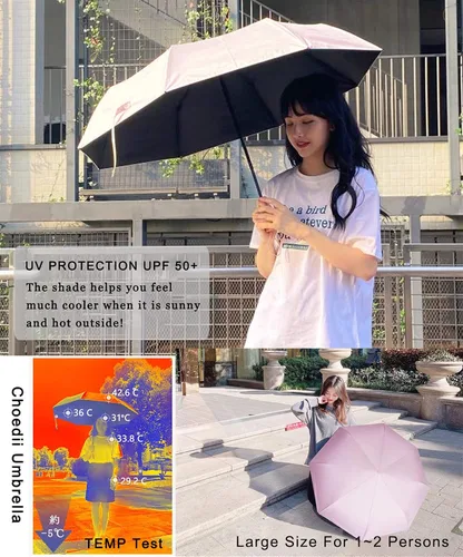 Miniatura 2 de choedii Paraguas para el sol, protección UV, sólido, compacto, portátil, automático, paraguas de lluvia de viaje, para mujer, impermeable, plegable