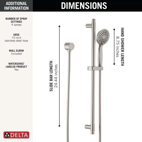 Miniatura 3 de Barra de deslizamiento para ducha de mano Delta con manguera, cabezal de ducha de mano cepillado en níquel, barra de deslizamiento para ducha
