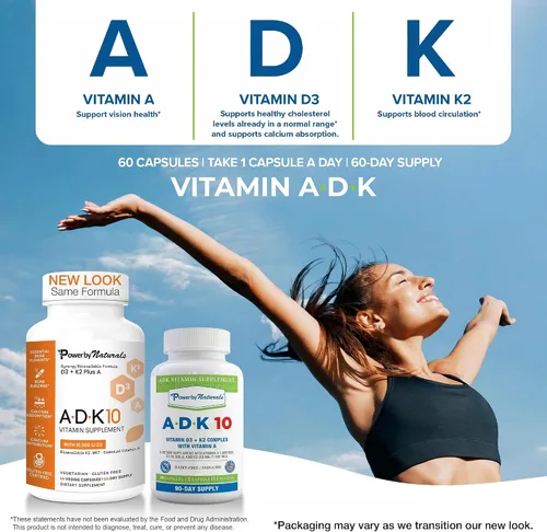 Miniatura 2 de Power By Naturals ADK 10 - Vitamina A de alta potencia, D3 10000 IU, suplemento K2 MK7 – 90 pastillas (1 unidad) para 3 meses de apoyo a la salud
