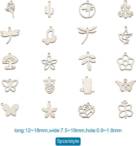 Miniatura 6 de Pandahall - Dijes de acero inoxidable surtidos de metal, estrella y luna, flor, animal para hacer pulseras, collares, aretes, Acero inoxidable