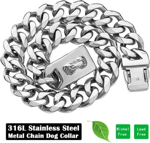 Miniatura 4 de Collar de cadena de plata para perros con diseño de hebilla de seguridad y etiqueta de identificación, collar para mascotas, fuerte cadena