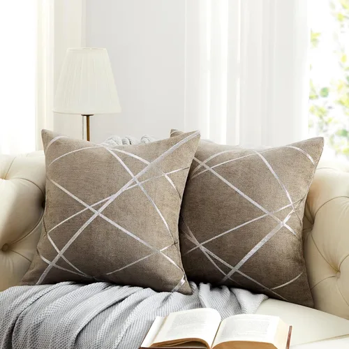 GIGIZAZA - 2 paquetes de fundas de cojín de chenilla con rayas plateadas de jacquard para decoración de sofá