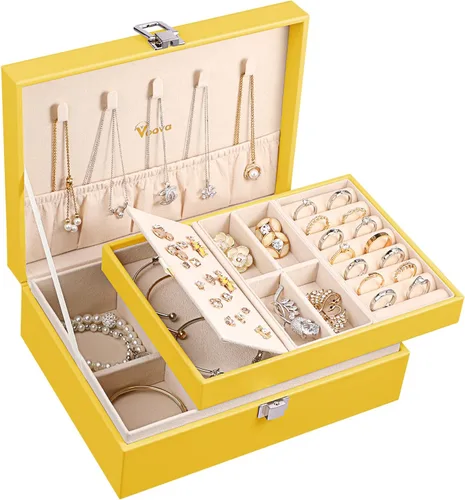 Voova Joyero organizador para mujeres y niñas, 2 capas grandes para hombres, estuche de almacenamiento de joyas de piel sintética con bandeja