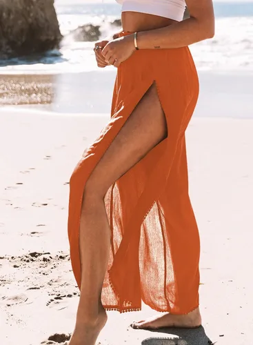 Miniatura 8 de Herseas Traje de baño para mujer, pantalones elásticos de cintura alta dividida en el muslo y pierna ancha, pantalones de playa con borla