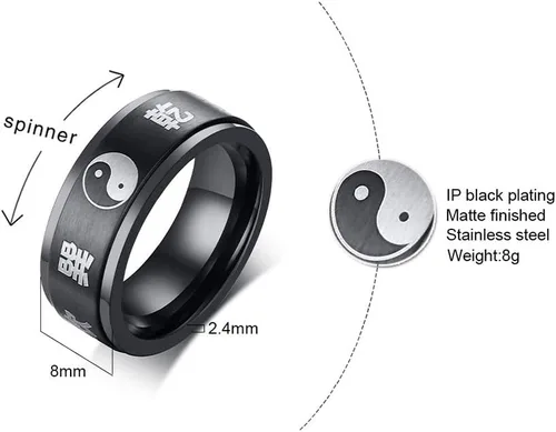 Miniatura 2 de Hisatan Anillo de equilibrio para hombre Tai Chi Yin Yang Bagua de acero inoxidable Taoísmo Zen Spirit Talismán banda giratoria