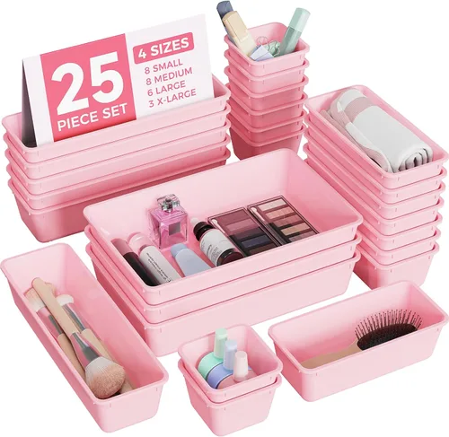 BiuLeon - Juego de 25 organizadores de cajones de plástico, 4 tamaños, organizador de tocador y maquillaje, bandejas organizadoras para cajones de