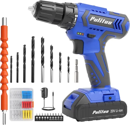 PULITUO Taladro eléctrico de 20 V con batería y cargador, par de 30 N.m, 21+1 velocidades, 59 piezas de brocas y juego de tornillos (azul)