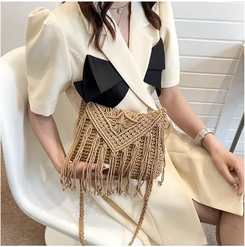 Miniatura 7 de Bolso de hombro de algodón hecho a mano para mujer, con solapa, con flecos, con borlas, tejido a mano, bohemio