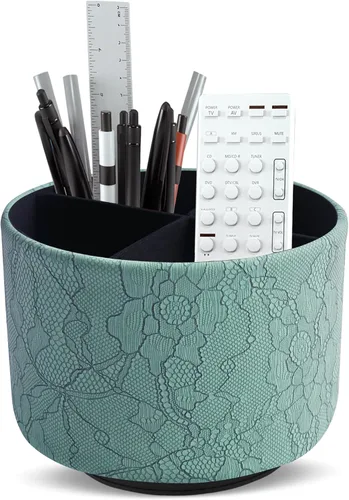 Miniatura 10 de Organizador redondo de cuero para suministros de arte, soporte para control remoto, giro de 360 grados, soporte multifuncional para lápices, 4