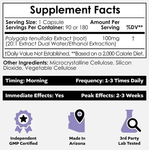 Miniatura 2 de Nootropics Depot Polygala tenuifolia Cápsulas 100 mg 90 unidades Extracto 20:1 Yuan Zhi Promueve la función cognitiva, el aprendizaje