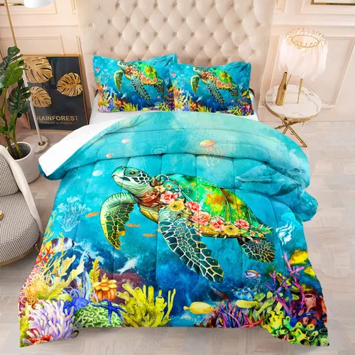 Miniatura 14 de Juego de edredón de tortuga con aguada oceánica, juego de ropa de cama de tortuga para cama individual, juego de cama con peces tropicales y vida