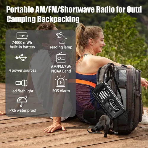 Miniatura 6 de Radio de emergencia con manivela de 20000 mAh, radio meteorológica SW/NOAA/AM/FM, cargador de manivela alimentado por energía solar con batería