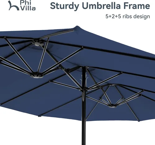 Miniatura 7 de Sombrilla para patio PHI VILLA de 15 pies, doble cara, para uso en exteriores, tamaño extra grande con manivela, base de sombrilla incluida (azul)