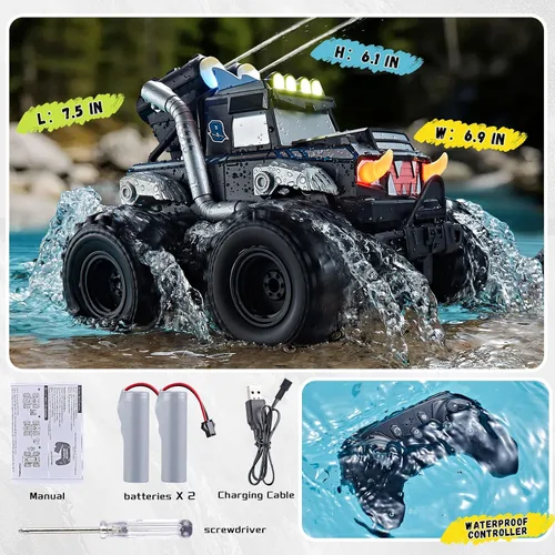 Miniatura 9 de Auto de control remoto anfibio 3 en 1, barco a control remoto/pistola de agua, 2.4 GHz, todo terreno, camiones monstruos impermeables para niños