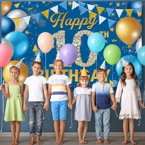 Miniatura 3 de Cartel de fondo de decoración de cumpleaños número 10, decoración de feliz cumpleaños 10 para niños, fondo de fotografía de cumpleaños azul, cartel