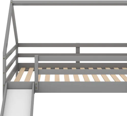 Miniatura 9 de Harper & Bright Designs - Litera de casa individual sobre cama individual con tobogán para niños y niñas, litera de piso de madera con techo y Gris