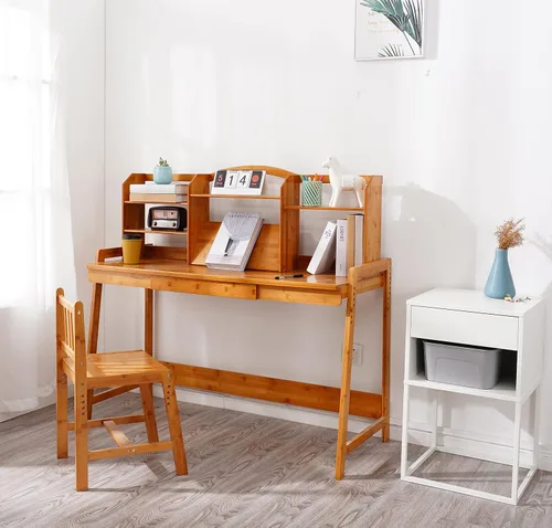 UNICOO Juego de escritorio y silla para niños, escritorio de estudio de bambú ajustable en altura con gabinete de almacenamiento y estantería, mesa