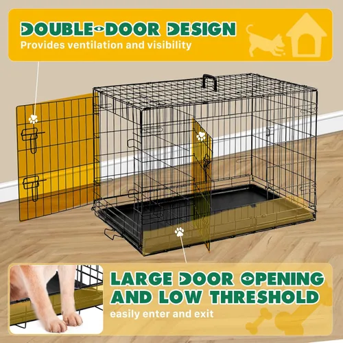 Miniatura 3 de Jaula para perros – Jaula portátil mediana de 36 pulgadas de doble puerta, jaula de alambre de metal para mascotas con bloqueo seguro, bandeja a