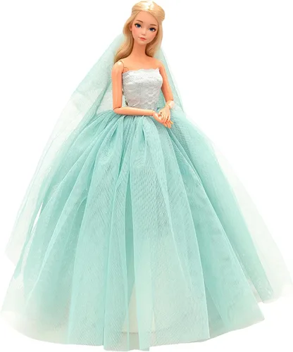 BARWA Vestido de novia azul claro con velo, vestido de princesa para fiesta nocturna, vestido de gala azul claro para muñeca de 29 cm