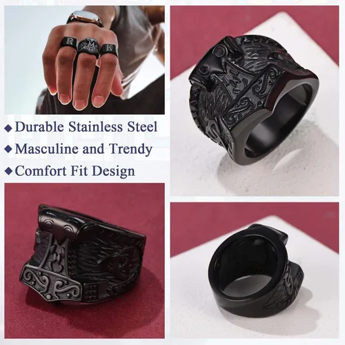Miniatura 4 de FaithHeart Norse Viking Jewelry - Anillo de acero inoxidable de guerrero para hombre con diseño vikingo de cabeza de lobomartillo de Thor