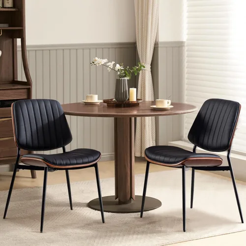Miniatura 12 de Juego de 2 sillas de comedor tapizadas modernas de mediados de siglo con respaldo de nogal, sillas laterales de piel sintética con acento retro