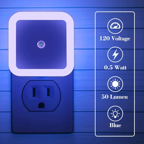 Miniatura 5 de Paquete de 6 luces nocturnas LED azules enchufables, sensor de atardecer a amanecer encendido y apagado automático, eficientes energéticamente