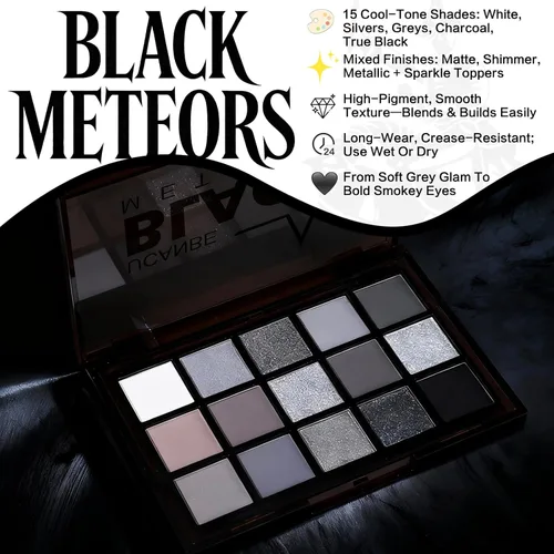 Miniatura 2 de UCANBE Paleta de sombra de ojos ahumada en negro, 15 colores de sombras de ojos oscuras brillantes mate metálicas, kit de sombras de ojos altamente
