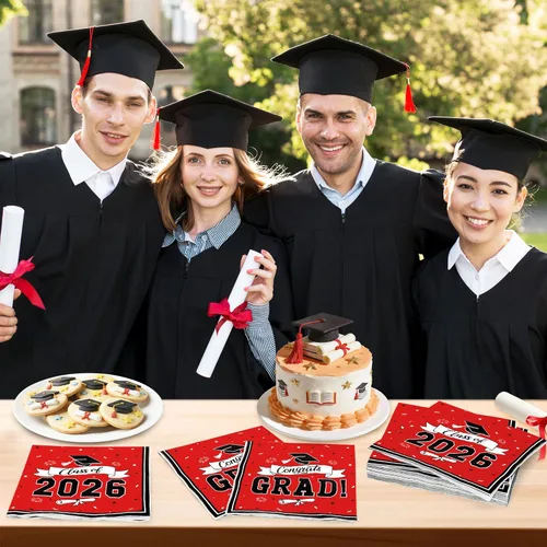 Miniatura 4 de Paquete de 50 servilletas de graduación para la clase de 2026, 6.5 x 6.5 pulgadas, servilletas de graduación rojas, pañuelos de papel clásicos