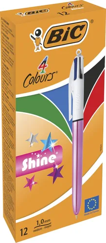 BIC 4 colores Shine - Caja de 12 bolígrafos - Cuerpo rosa metálico con 4 colores de tinta (azul, negro, rojo, verde)