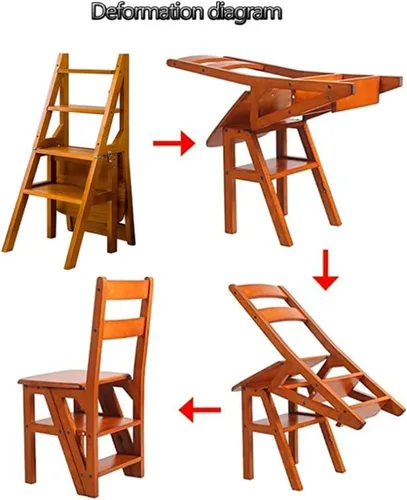 Miniatura 8 de Escalera plegable de 4 niveles, silla plegable de madera 3 en 1, taburete portátil multifunción con capacidad de 198 libras, estante de exhibición