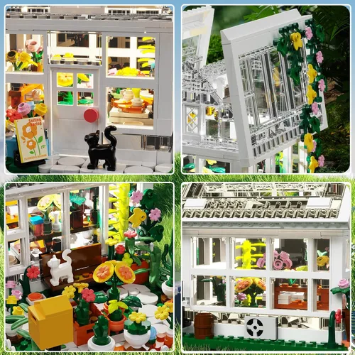 Miniatura 8 de Conjunto Mini de Construcción de Casa de Flores con LED, Juego de Bloques de Construcción de Invernadero con Vista de Calle de la Ciudad, Regalo