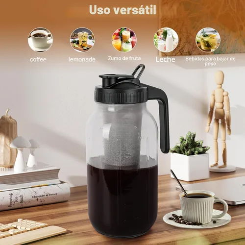 Miniatura 6 de Máquina de café de infusión fría, jarra de albañil de 64 onzas con filtro de acero inoxidable, tapa con pico para servir, de vidrio resistente