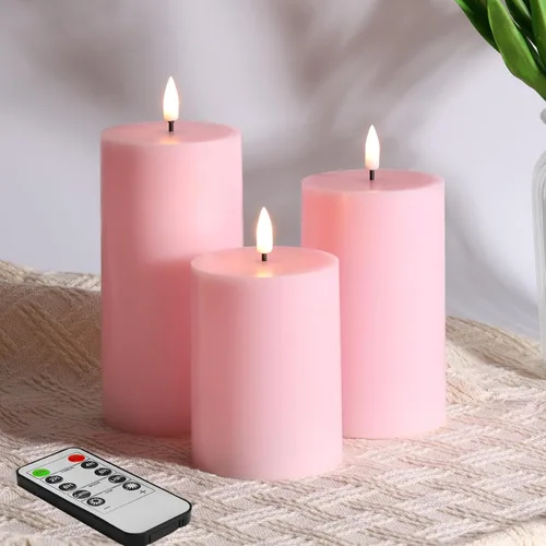 Velas de pilar sin llama rosas con control remoto, velas LED operadas por batería, velas eléctricas falsas de cera real parpadeantes, juego de 3