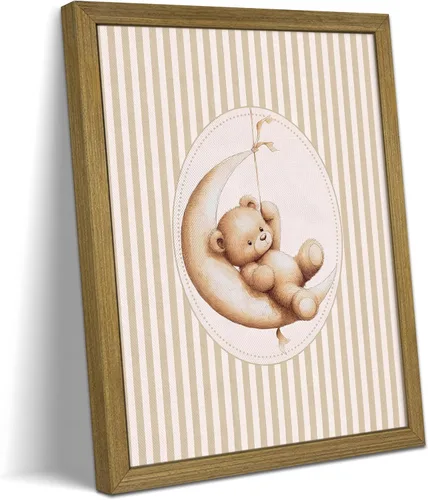 Arte de pared enmarcado con diseño de oso de peluche y luna, lindo oso bebé, decoración de pared, impresión en lienzo, póster de animales de