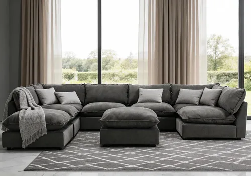 Miniatura 45 de Iroomy Oversized Modular Sectional Sofa, Chenille Cloud Couch, Deep Comfy Seat, 4-Seater Sofas, Couches, Living Room, Beige