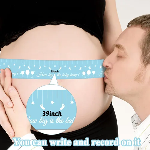 Miniatura 4 de Juegos de baby shower para género neutro How Big is Mommys Belly Tape de 150 pies de medida Cinta métrica de vientre embarazada oso Baby Shower Azul