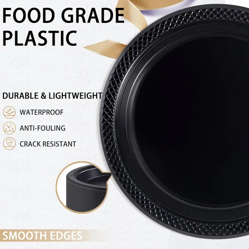 Miniatura 6 de WELLIFE Platos de postre negros de 7 pulgadas, 150 unidades, platos de postre de plástico desechables para fiestas, pasteles, aperitivos, ensaladas