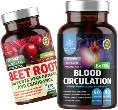 Suplemento de circulación sanguínea N1N Premium [8 potentes hierbas y vitaminas] y cápsulas orgánicas de raíz de remolacha, 1300 mg para apoyar la