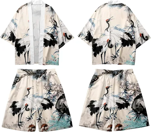 Miniatura 4 de DOSLAVIDA Conjunto de chaqueta kimono japonesa para hombre, elegante abrigo frontal abierto con pantalones cortos, estilo chino, cárdigan impreso